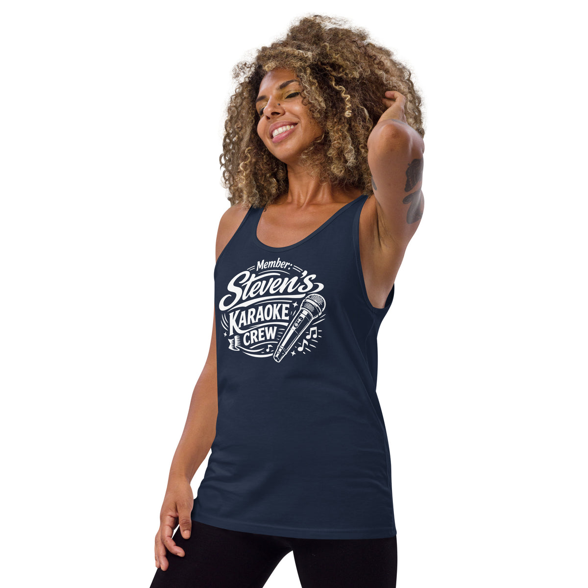 Navy tank top, left-front angled view, featuring Steven's Karaoke Crew lettering and microphone graphic.