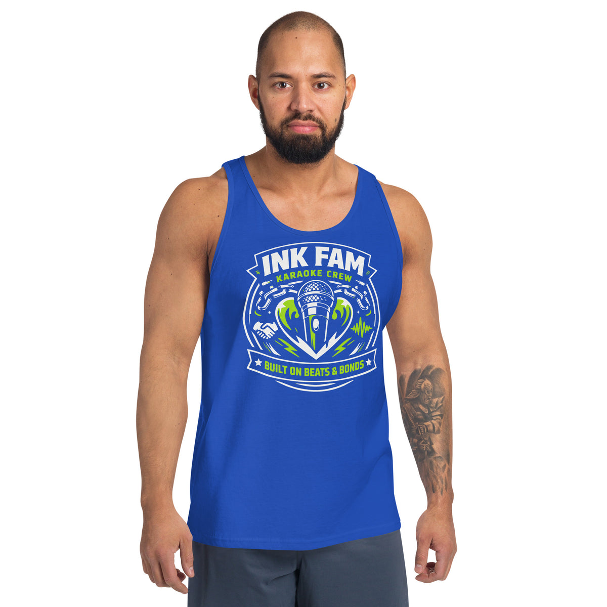 True Royal tank top, front view, featuring DJ Ink Beats & Bonds shield with a microphone and green-and-white lettering.