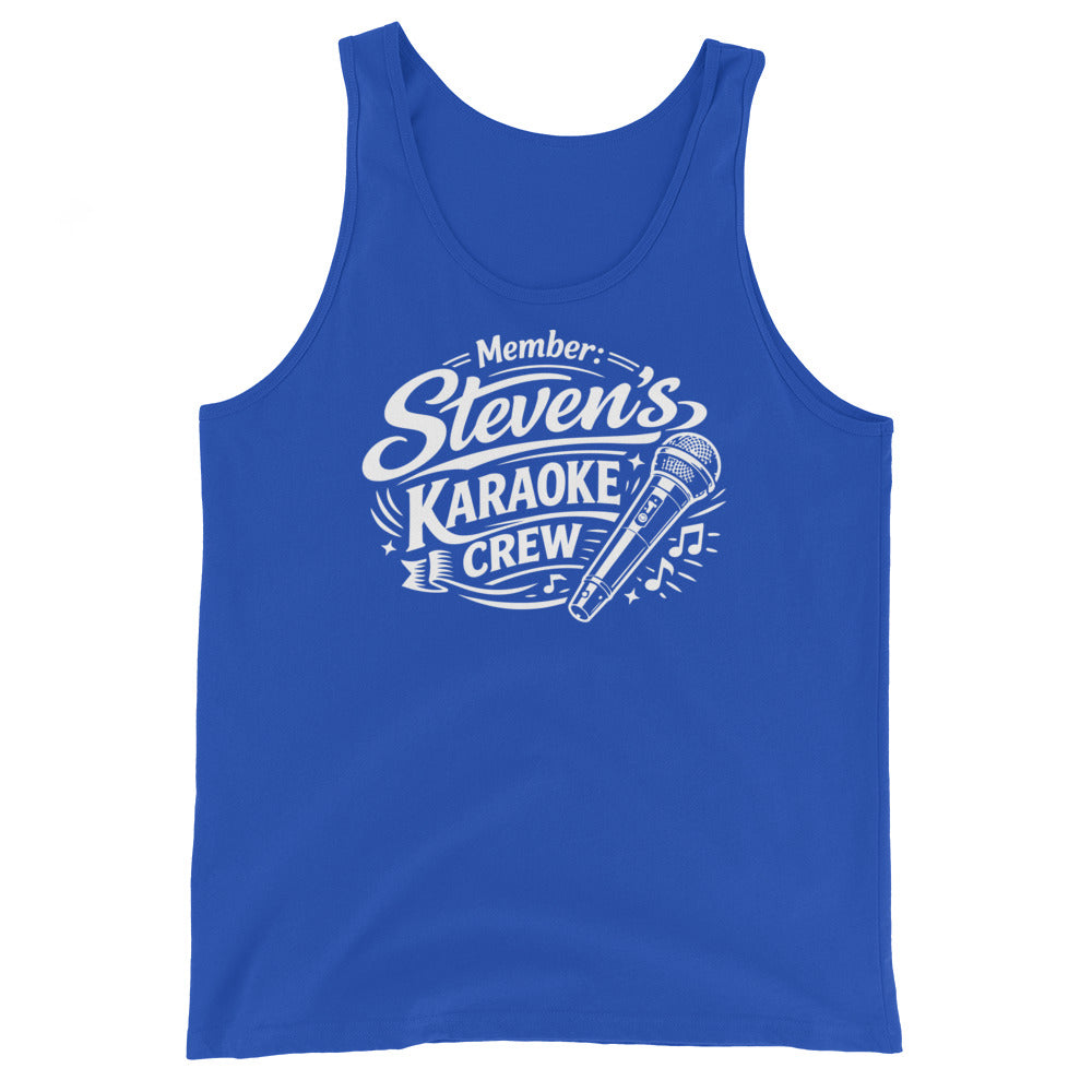 True Royal tank top, front view, featuring Steven's Karaoke Crew lettering and microphone graphic.