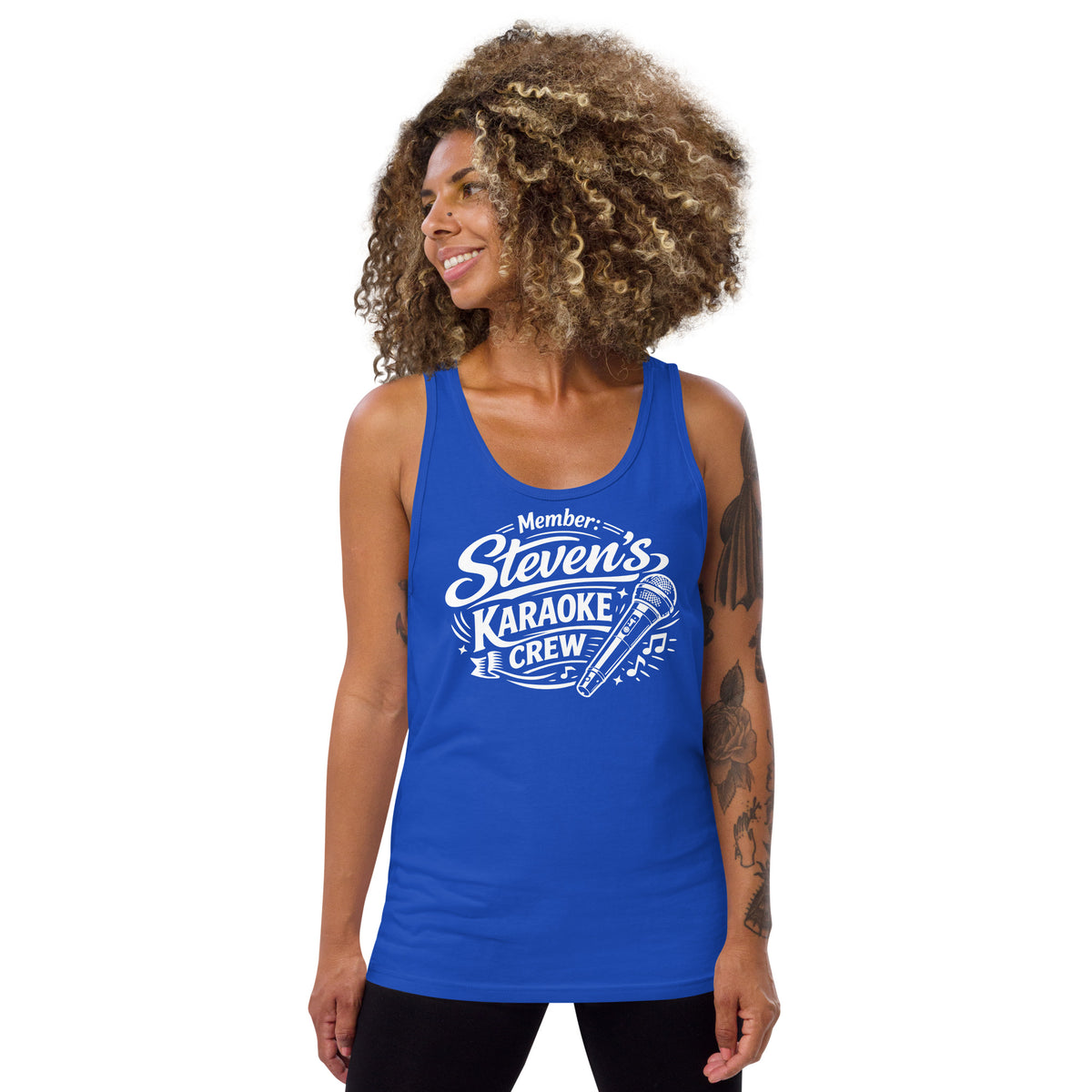 True Royal tank top, front view, featuring Steven's Karaoke Crew lettering and microphone graphic.