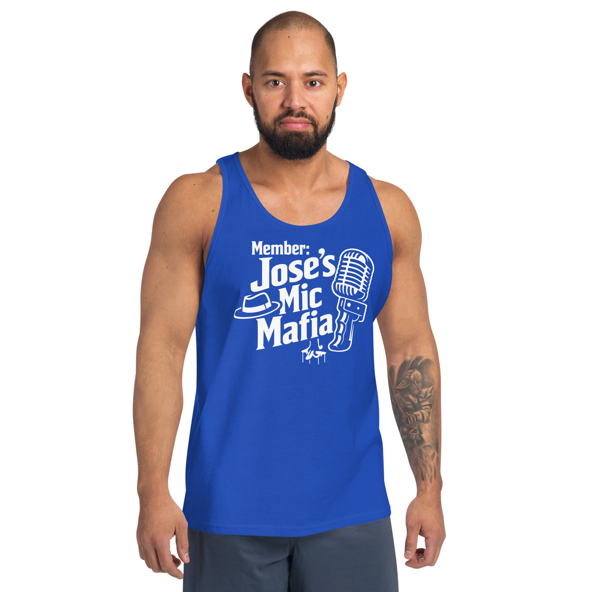 True Royal tank top, front view, featuring Jose's Mic Mafia microphone and fedora design.