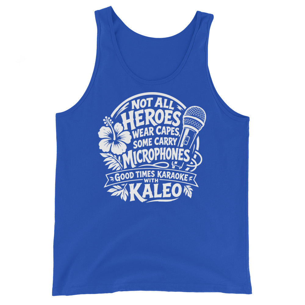 True Royal tank top, front view, featuring Kaleo's Karaoke Heroes 'Not All Heroes Wear Capes, Some Carry Microphones' graphic.