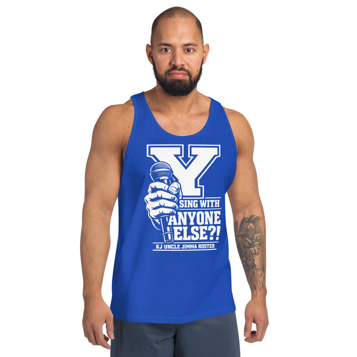 True Royal tank top, front view, featuring Uncle Jimma Roster Anthem varsity Y with hand-held microphone.