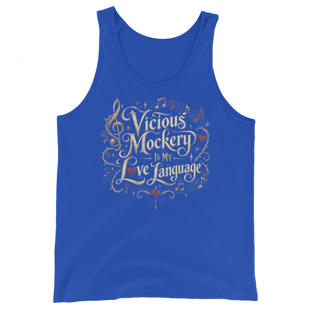 True Royal tank top, front view, featuring Vicious Mockery Is My Love Language bard art with gold lettering, roses and hearts.