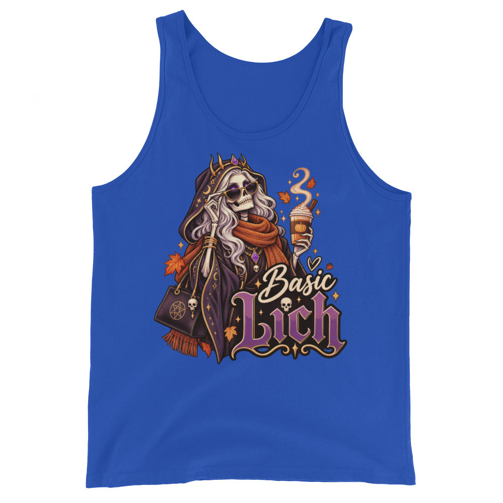 True Royal tank top, front view, featuring the Basic Lich pumpkin spice skeleton design