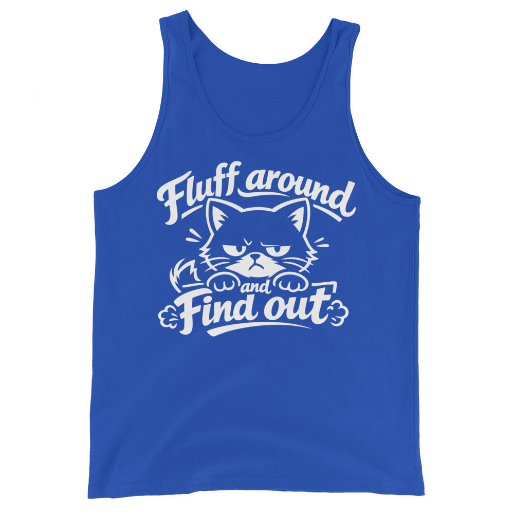True Royal tank top, front view, featuring the Fluff Around and Find Out grumpy cat design