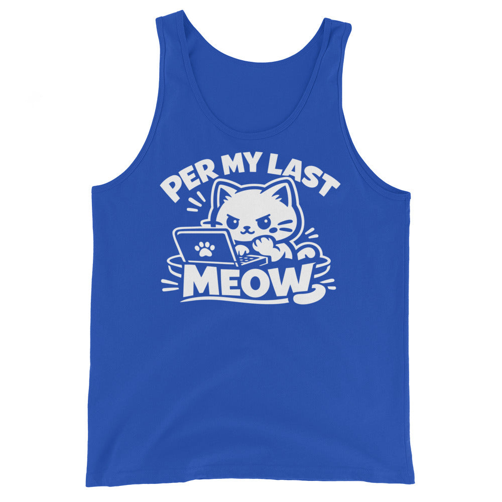 True Royal tank top, front view, featuring the Per My Last Meow cat design
