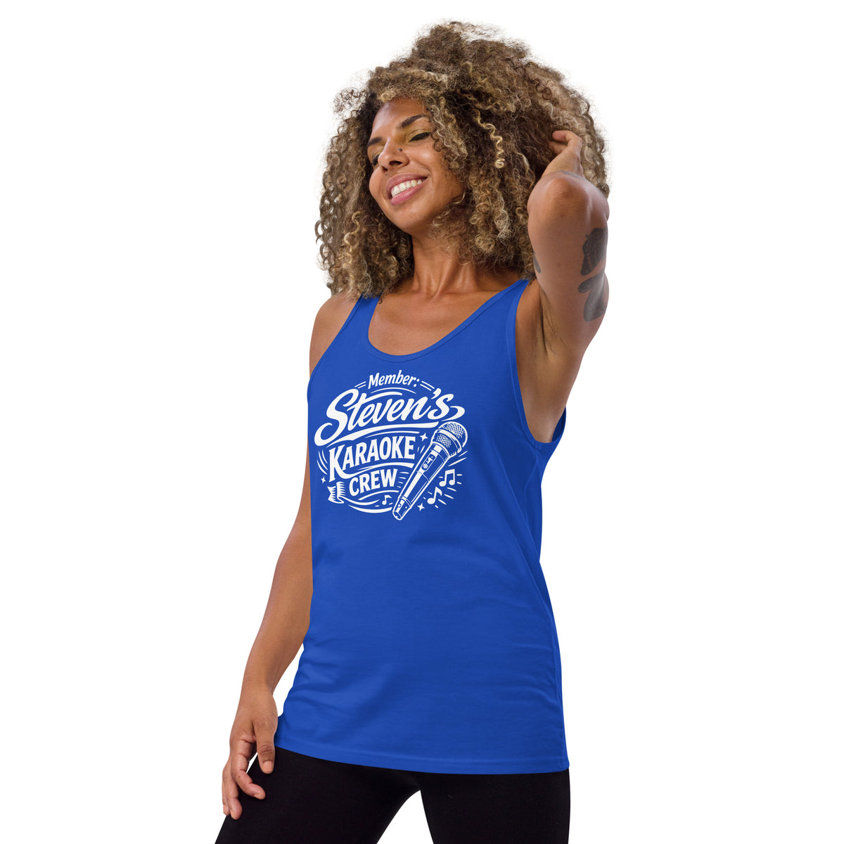 True Royal tank top, left-front angled view, featuring Steven's Karaoke Crew lettering and microphone graphic.