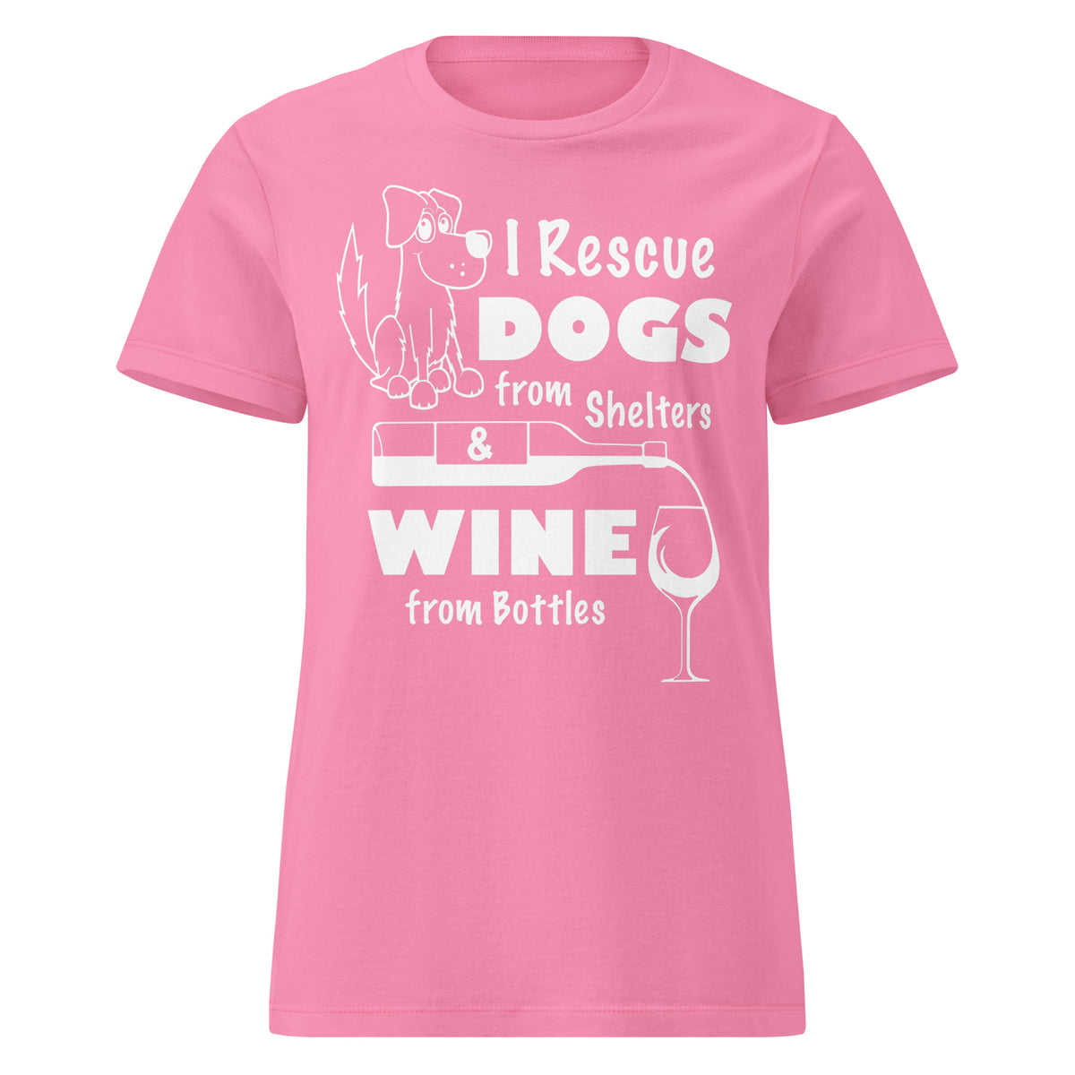 Azalea women's T-shirt, front view, featuring the Saving Dogs and Sipping Wine design