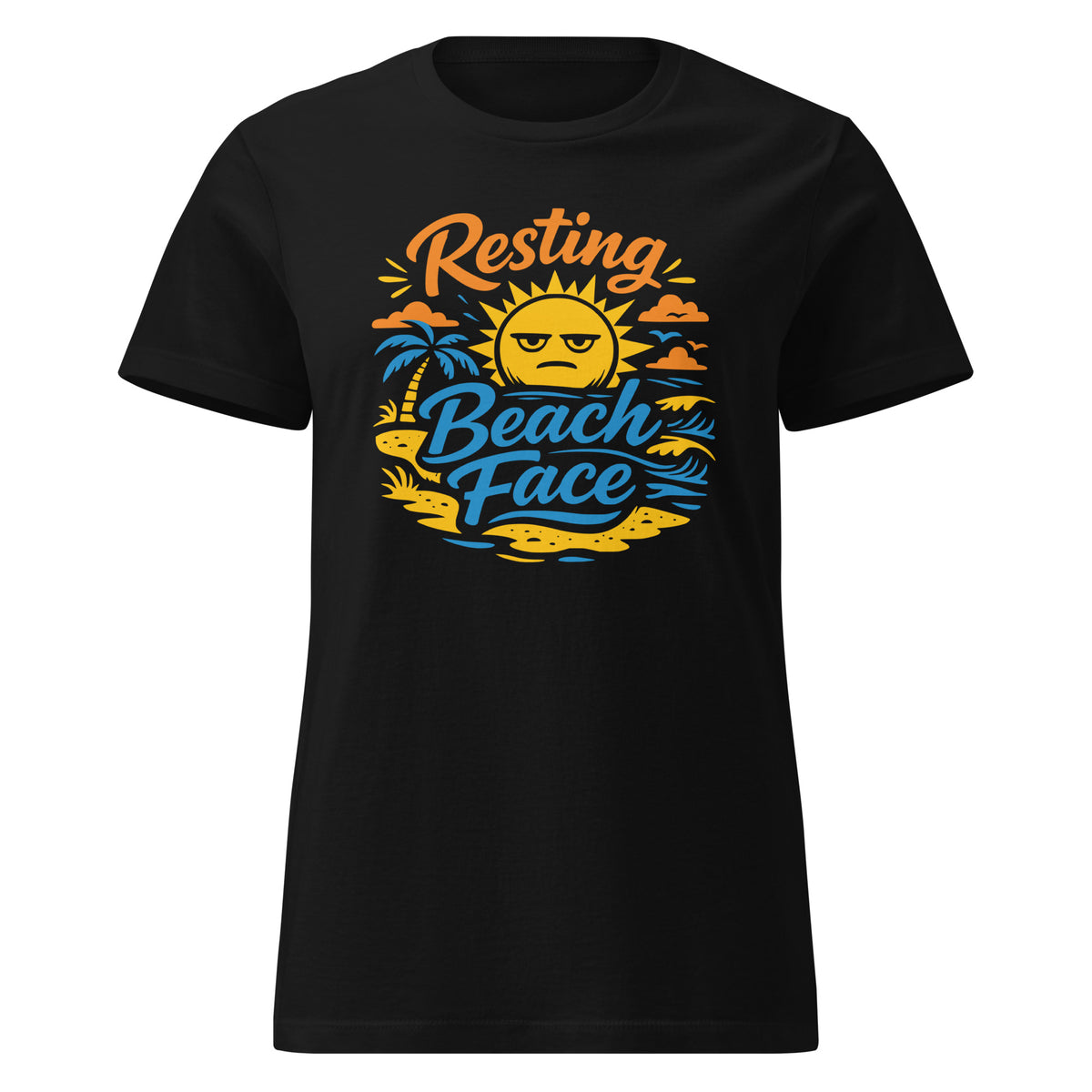 Black women’s T-shirt featuring an unimpressed yellow sun, palm trees and orange-and-blue “Resting Beach Face” lettering.