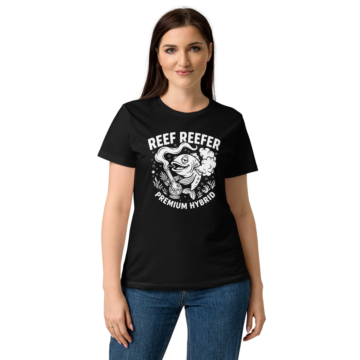 Reef Reefer: Premium Hybrid Women's Softstyle T-Shirt, black, front view