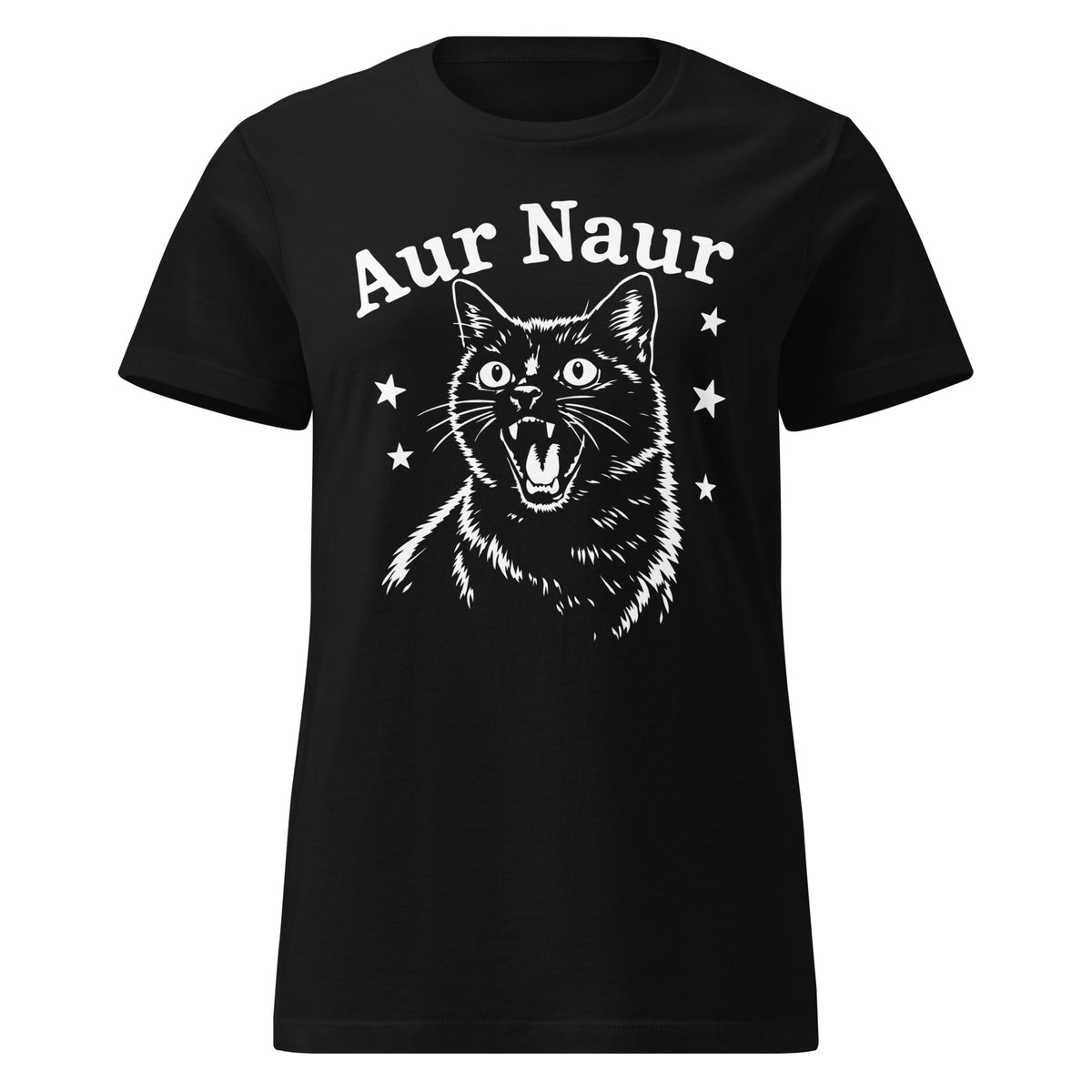 Black women’s T-shirt featuring a startled white cat portrait, star accents and “Aur Naur” lettering.