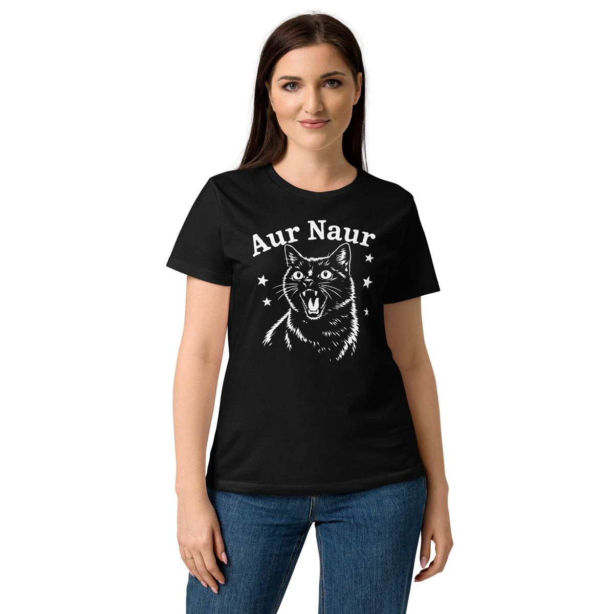 Black women's graphic T-shirt, front view, featuring Aur Naur white cat portrait and music-themed lettering.