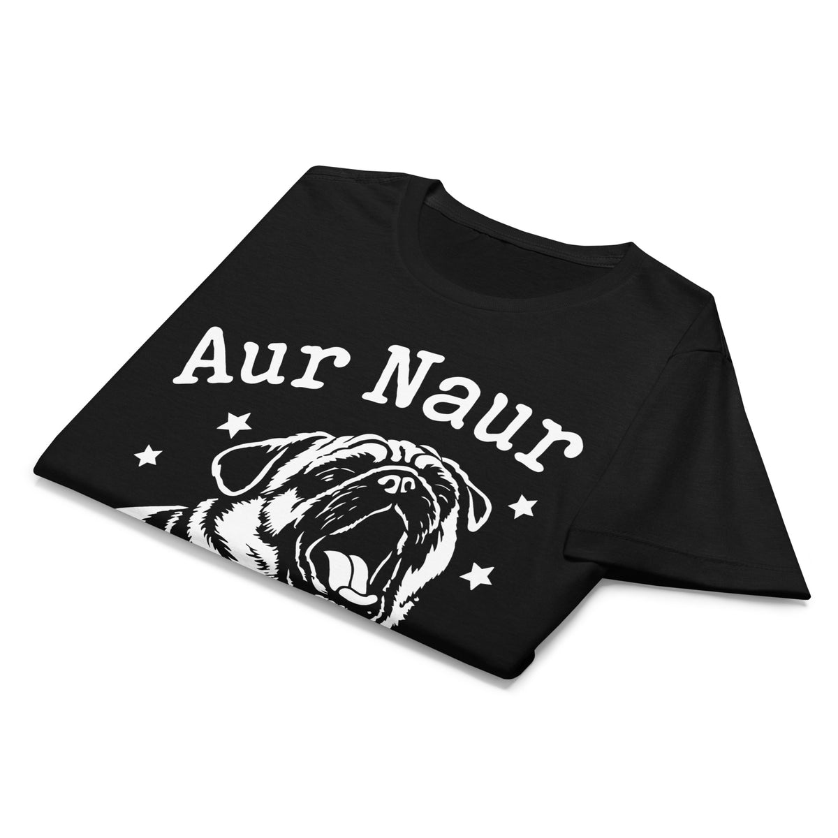 Black women's graphic T-shirt, front view, featuring Aur Naur white pug portrait and star-accented lettering.