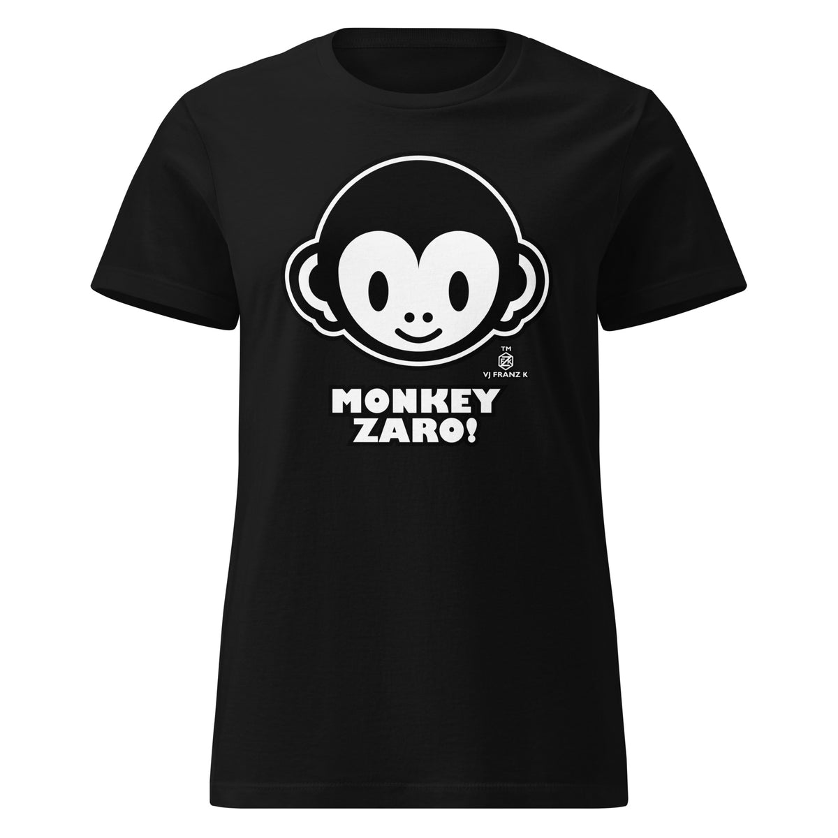 Black women’s T-shirt featuring a white cartoon monkey face and “Monkey Zaro!” lettering.
