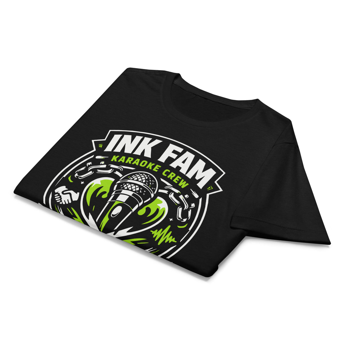 Black women's T-shirt, front view, featuring DJ Ink Beats & Bonds shield with a microphone and green-and-white lettering.