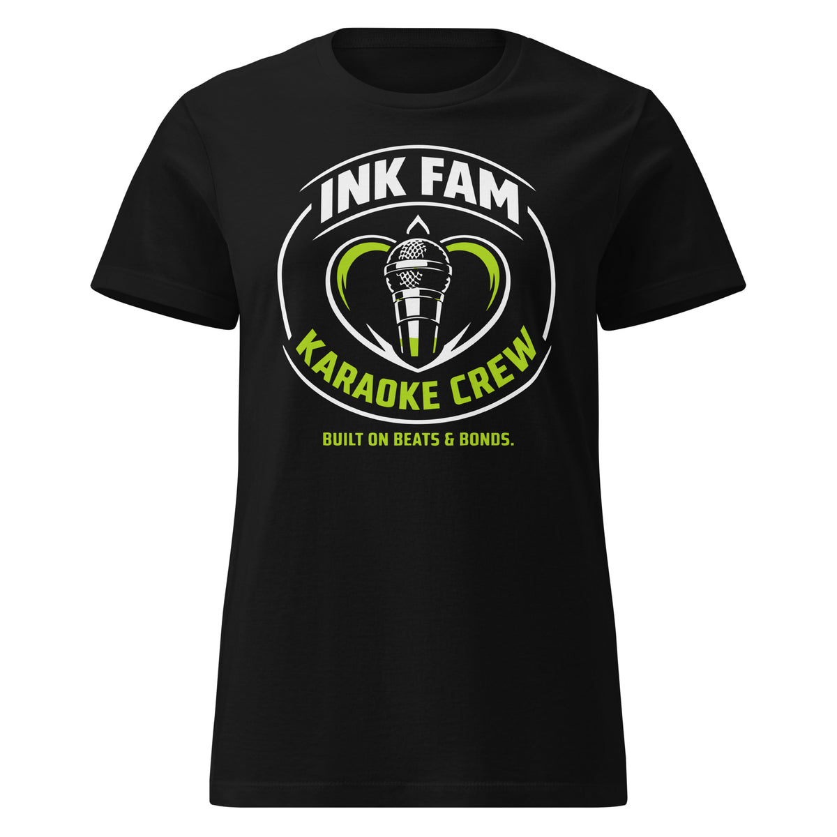 Black women’s T-shirt featuring a green-and-white circular Ink Fam Karaoke Crew microphone emblem.