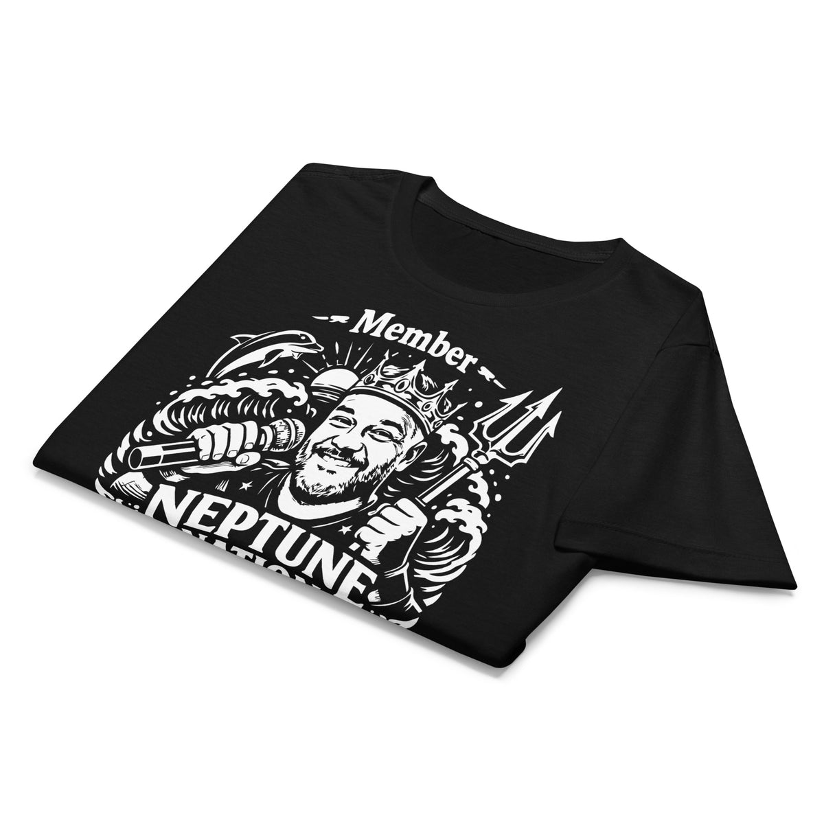 Black women's T-shirt, front view, featuring KJ Neptune's Neptune Nation nautical microphone and trident badge.