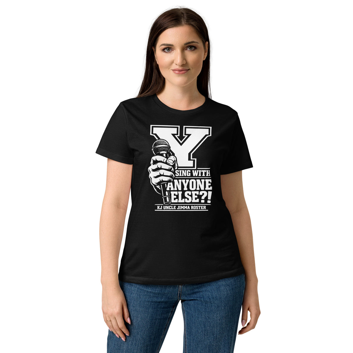 Black women's T-shirt, front view, featuring Uncle Jimma Roster Anthem varsity Y with hand-held microphone.