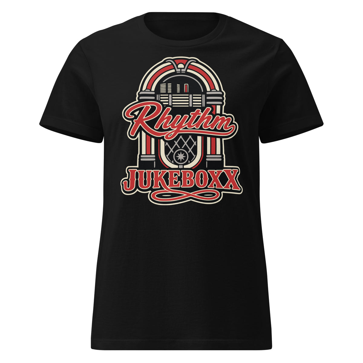 Black women’s T-shirt featuring a red-and-cream retro jukebox and “Rhythm Jukeboxx” lettering.