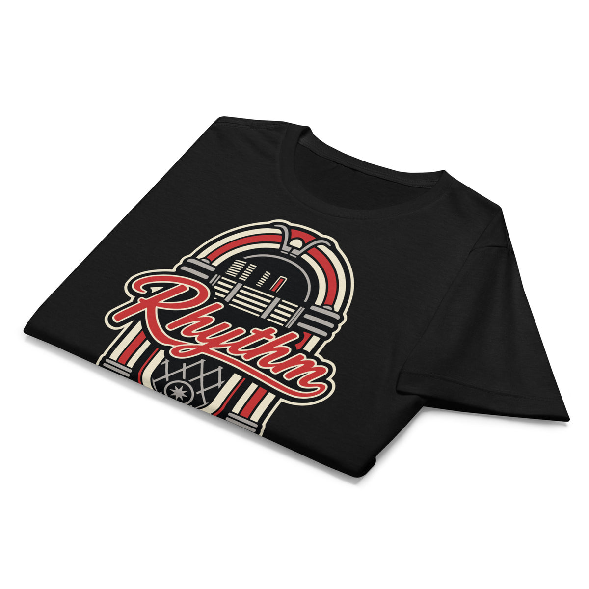 Black women's T-shirt, front view, featuring Rhythm Jukeboxx red-and-cream retro jukebox graphic.
