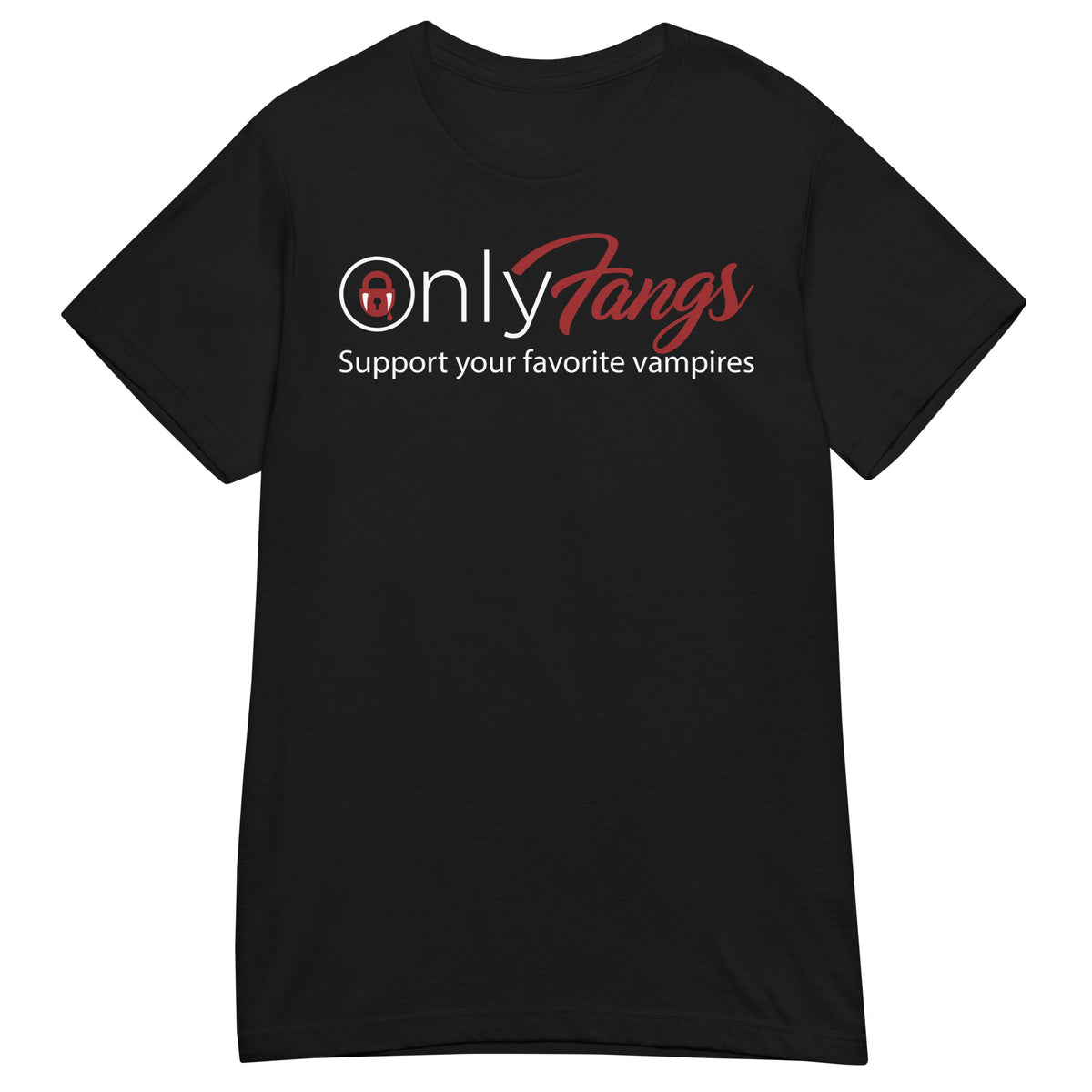 Black women's T-shirt, front view, featuring OnlyFangs in gothic script lettering with a dripping padlock icon
