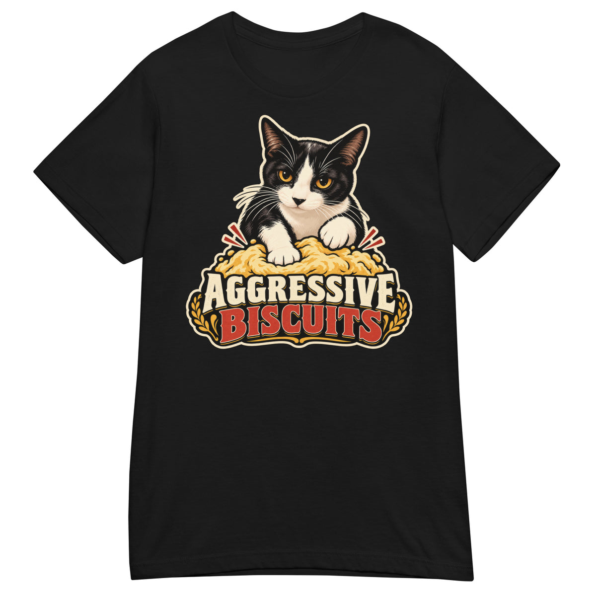 Black women's T-shirt, front view, featuring a black and white tuxedo cat with amber eyes kneading a mound of golden dough, under vintage bakery badge lettering reading Aggressive Biscuits