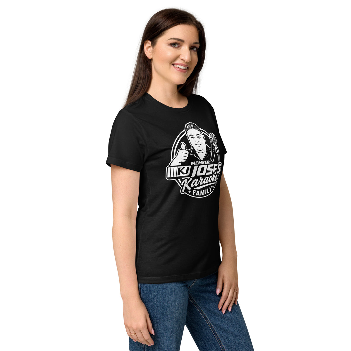 Black women's T-shirt, right-front angled view, featuring KJ Jose's Karaoke Family portrait and microphone badge.