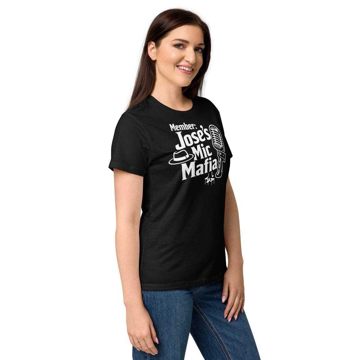 Black women's T-shirt, right-front angled view, featuring Jose's Mic Mafia microphone and fedora design.
