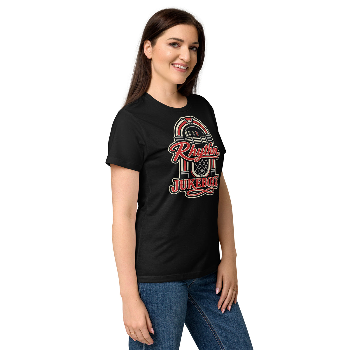 Black women's T-shirt, right-front angled view, featuring Rhythm Jukeboxx red-and-cream retro jukebox graphic.
