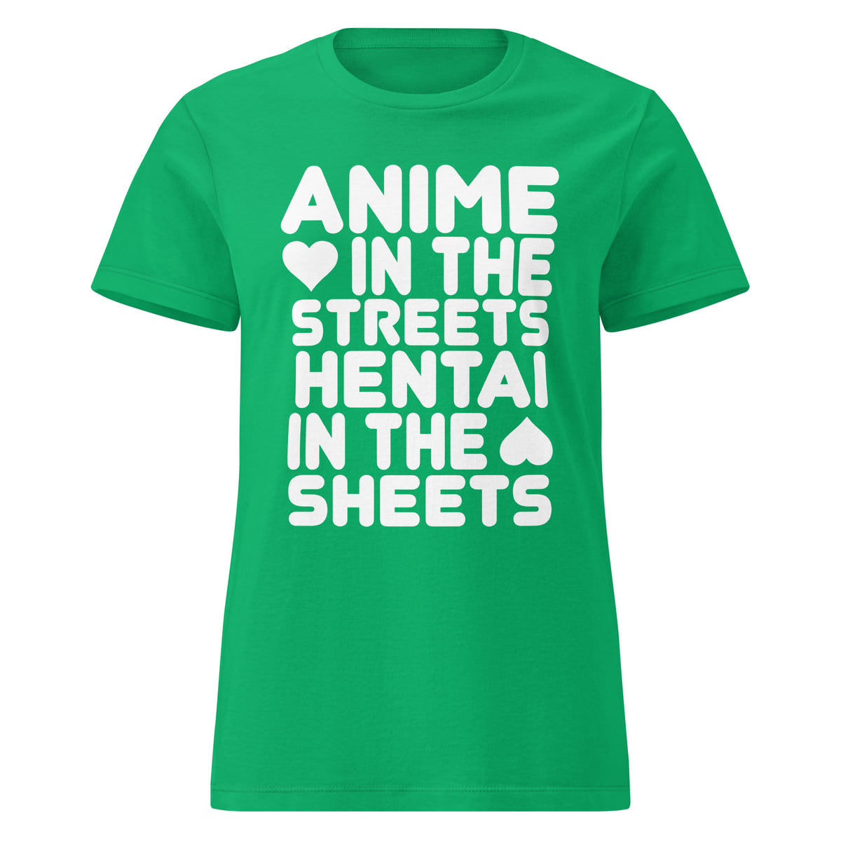 Irish Green women's T-shirt, front view, featuring the Anime in the Streets / Hentai in the Sheets softstyle t-shirt design