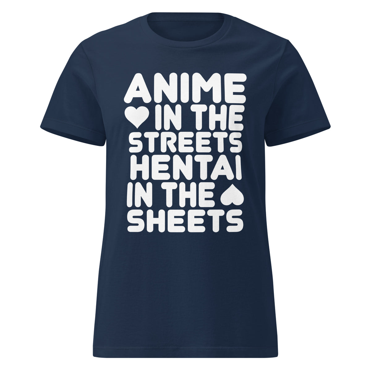 Navy women's T-shirt, front view, featuring the Anime in the Streets / Hentai in the Sheets softstyle t-shirt design