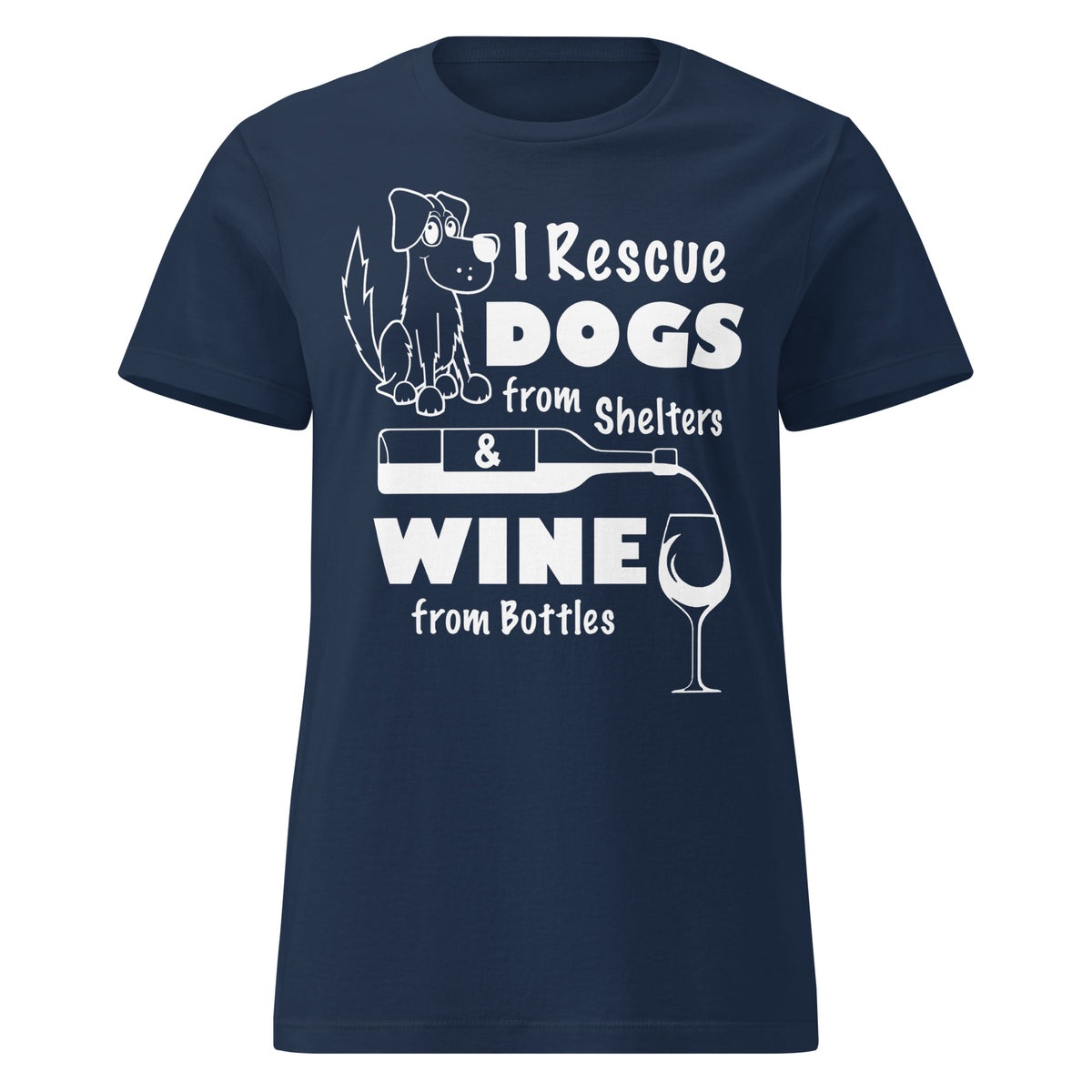 Navy women's T-shirt, front view, featuring the Saving Dogs and Sipping Wine design