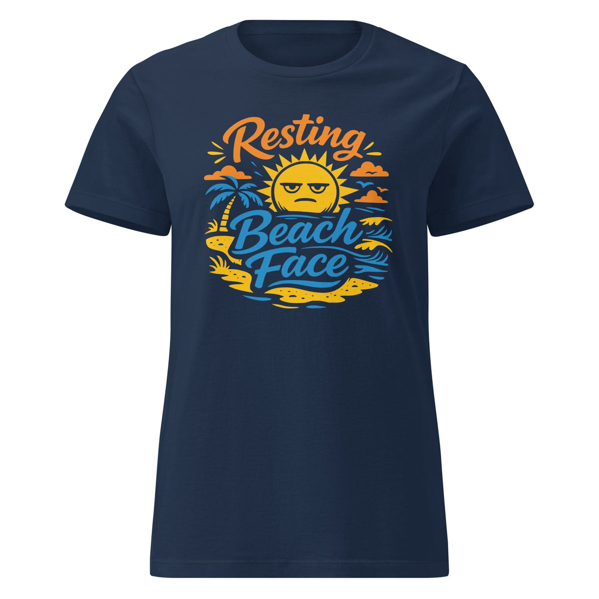 Navy women's T-shirt, front view, showing a mockup for Resting Beach Face sunny beach-humor design.