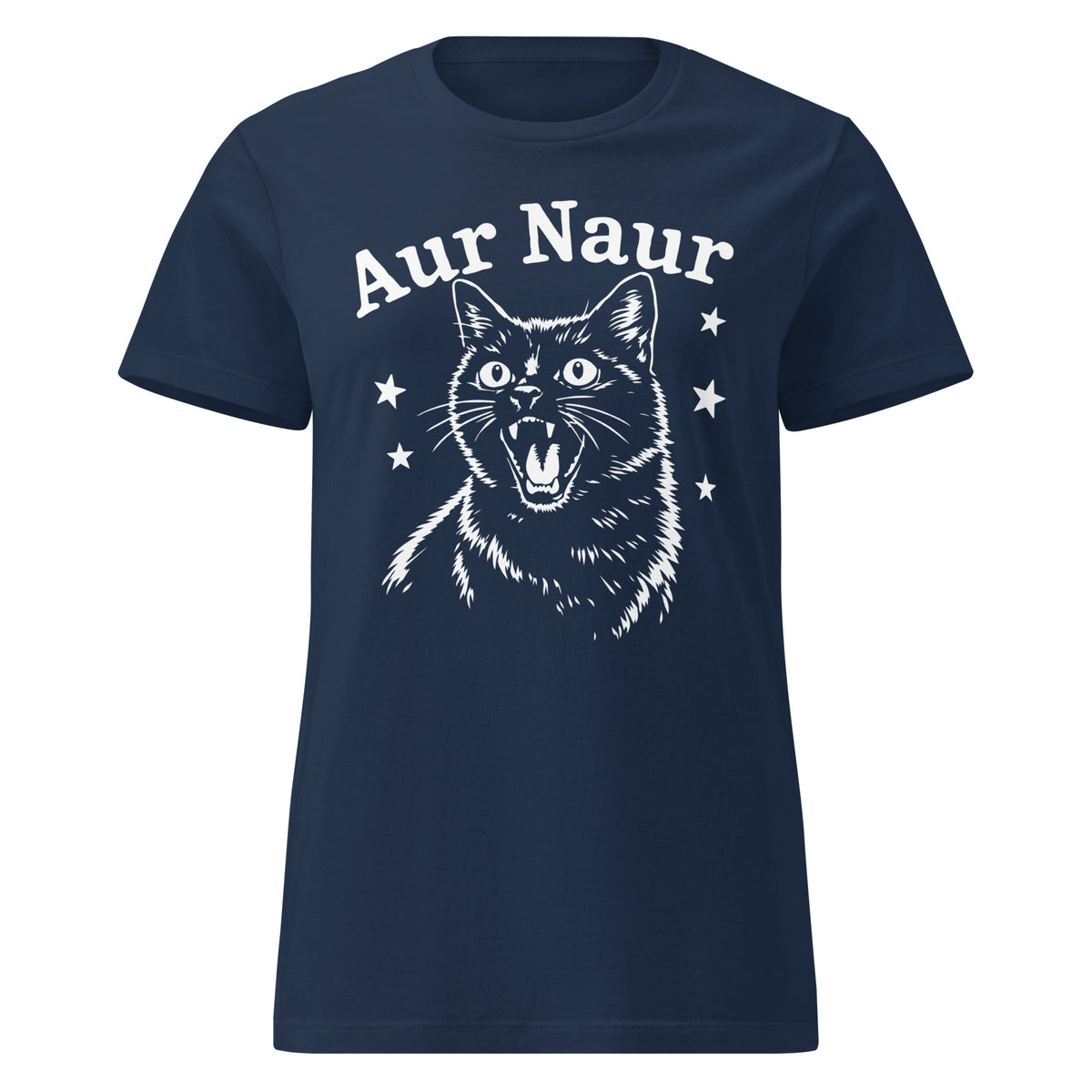 Navy women's graphic T-shirt, front view, featuring Aur Naur white cat portrait and music-themed lettering.