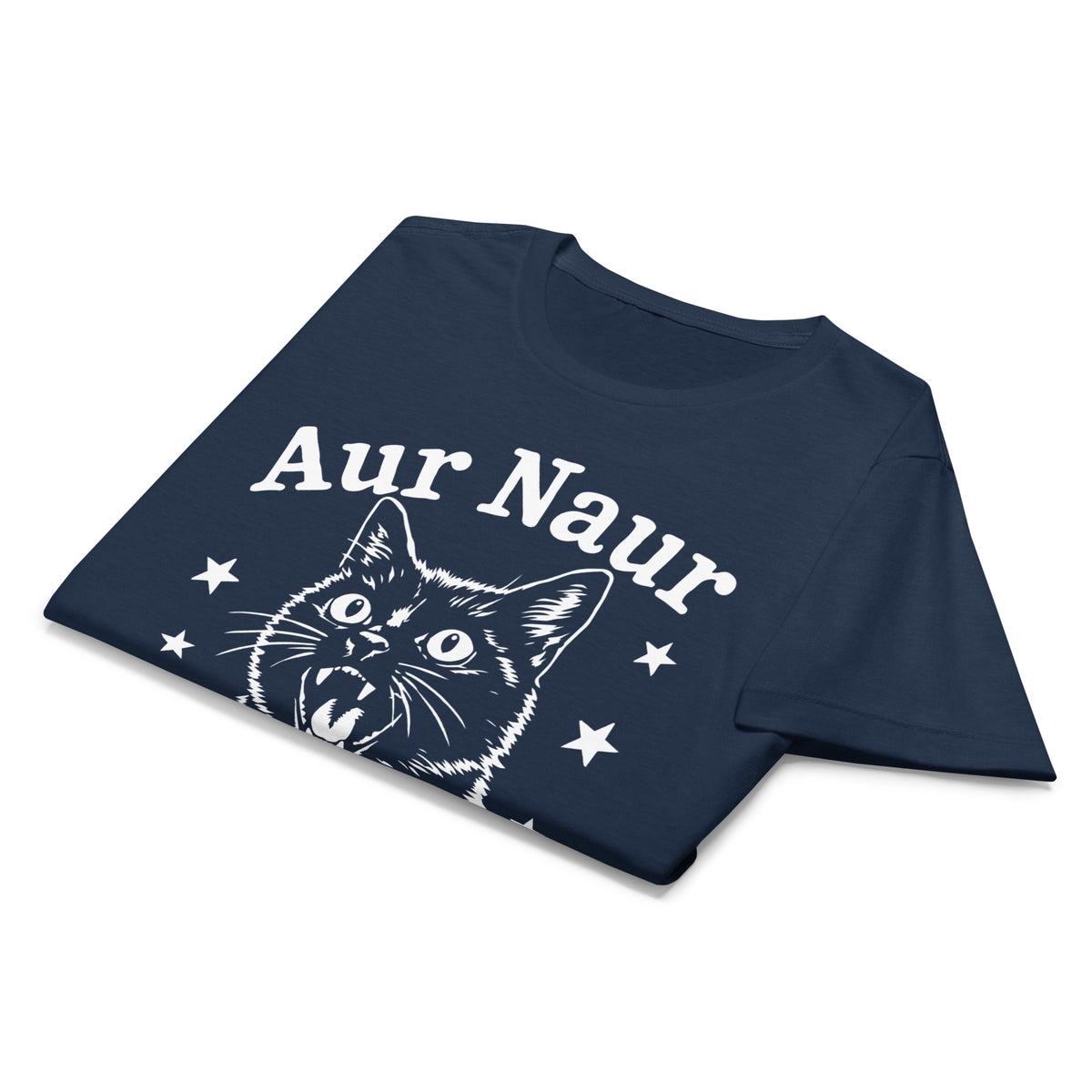 Navy women's graphic T-shirt, front view, featuring Aur Naur white cat portrait and music-themed lettering.