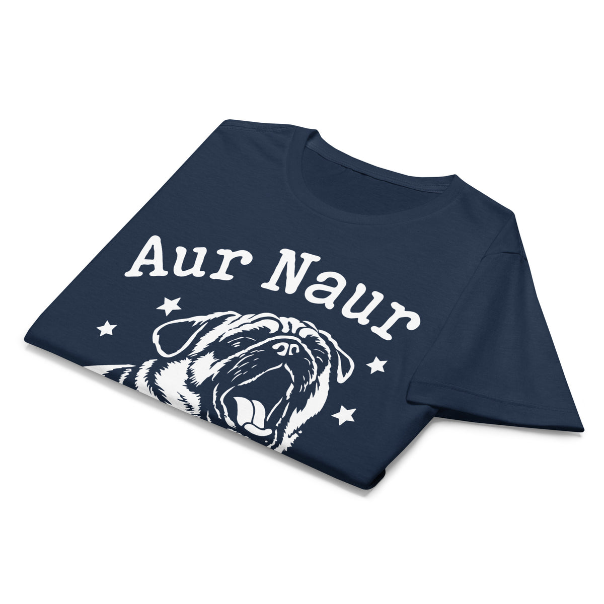 Navy women's graphic T-shirt, front view, featuring Aur Naur white pug portrait and star-accented lettering.