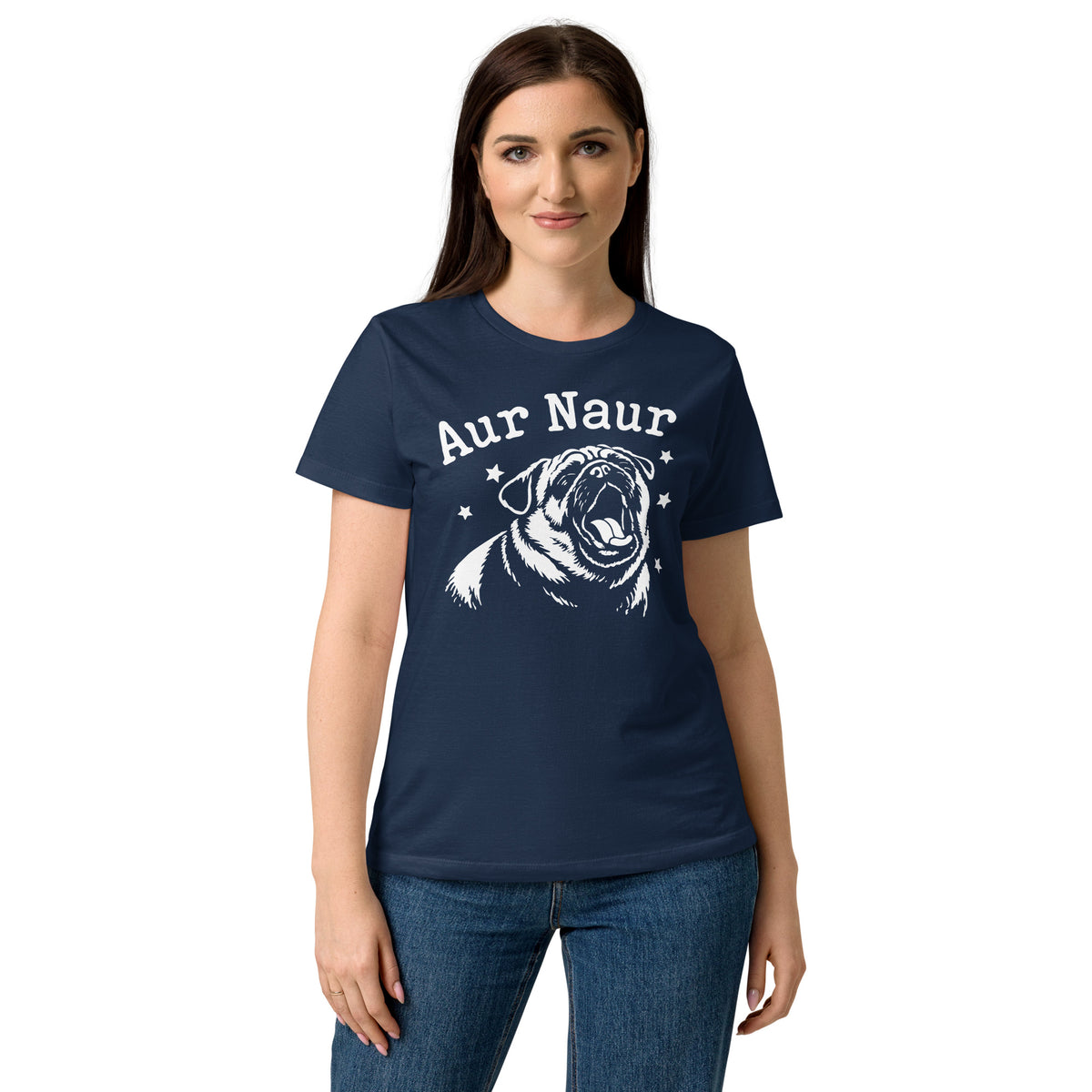 Navy women's graphic T-shirt, front view, featuring Aur Naur white pug portrait and star-accented lettering.
