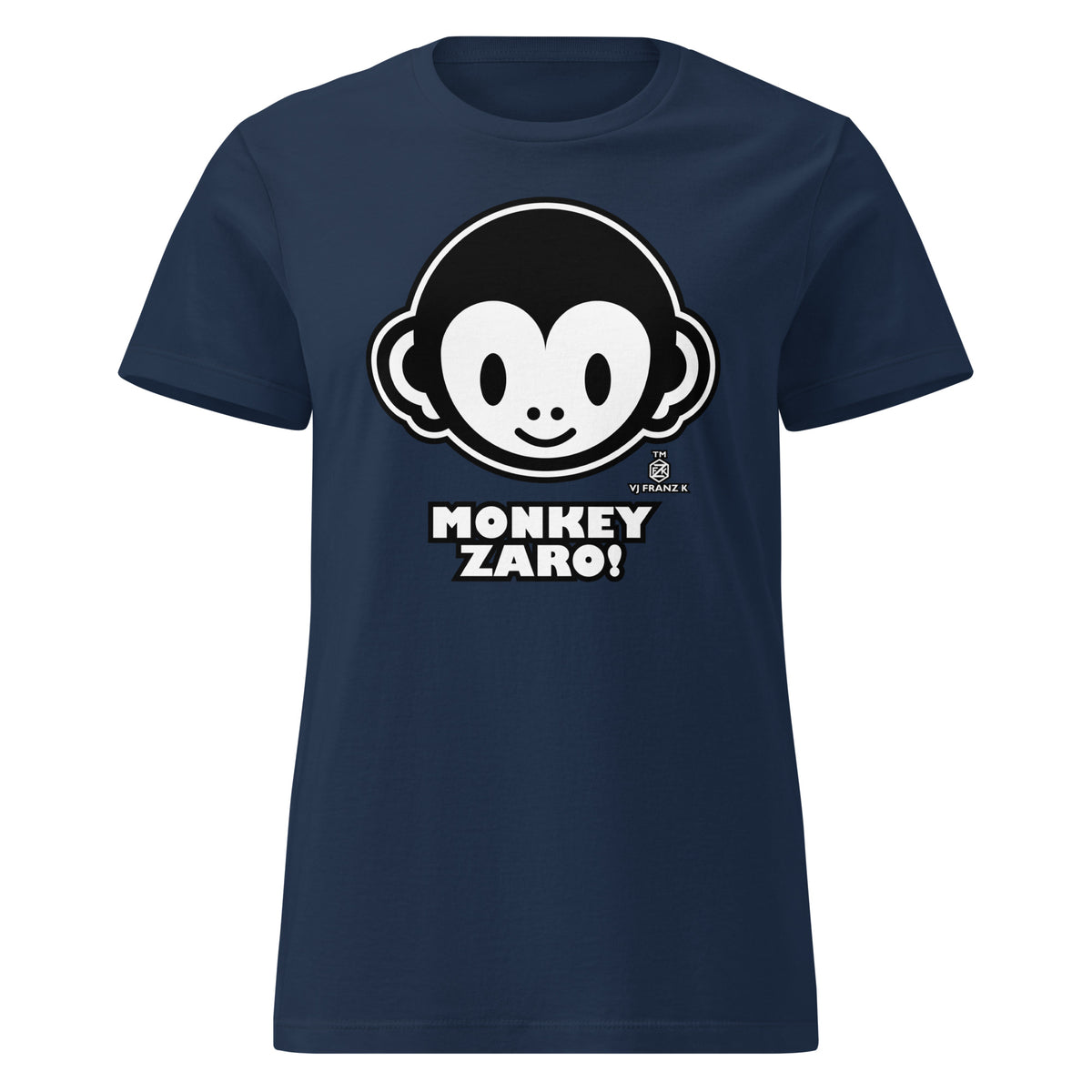 Navy women's graphic T-shirt, front view, featuring Monkey Zaro! white cartoon monkey face and lettering.