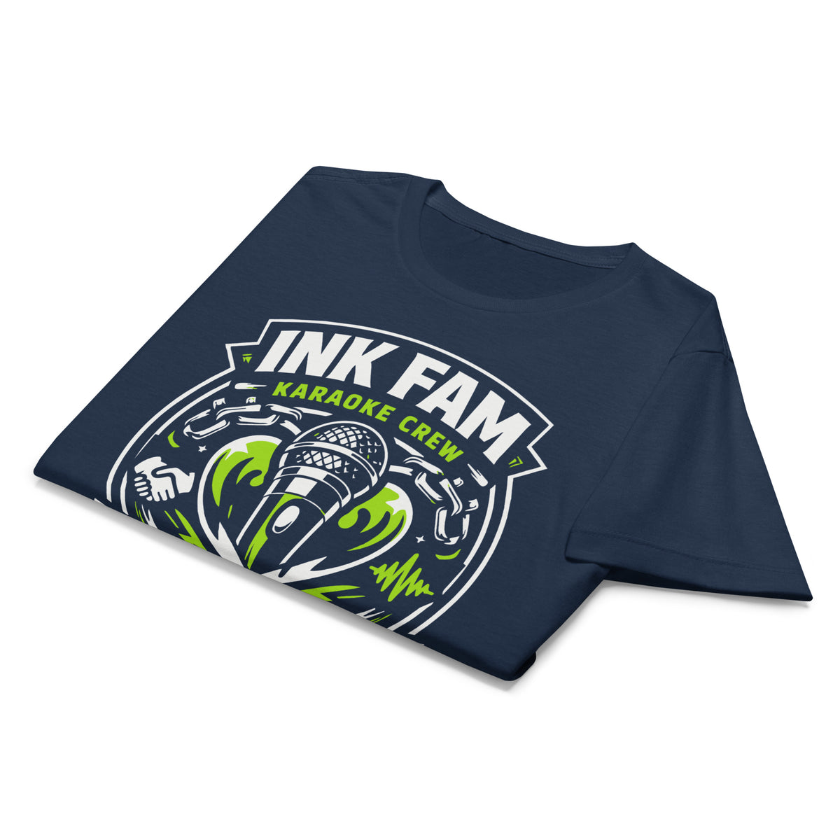 Navy women's T-shirt, front view, featuring DJ Ink Beats & Bonds shield with a microphone and green-and-white lettering.