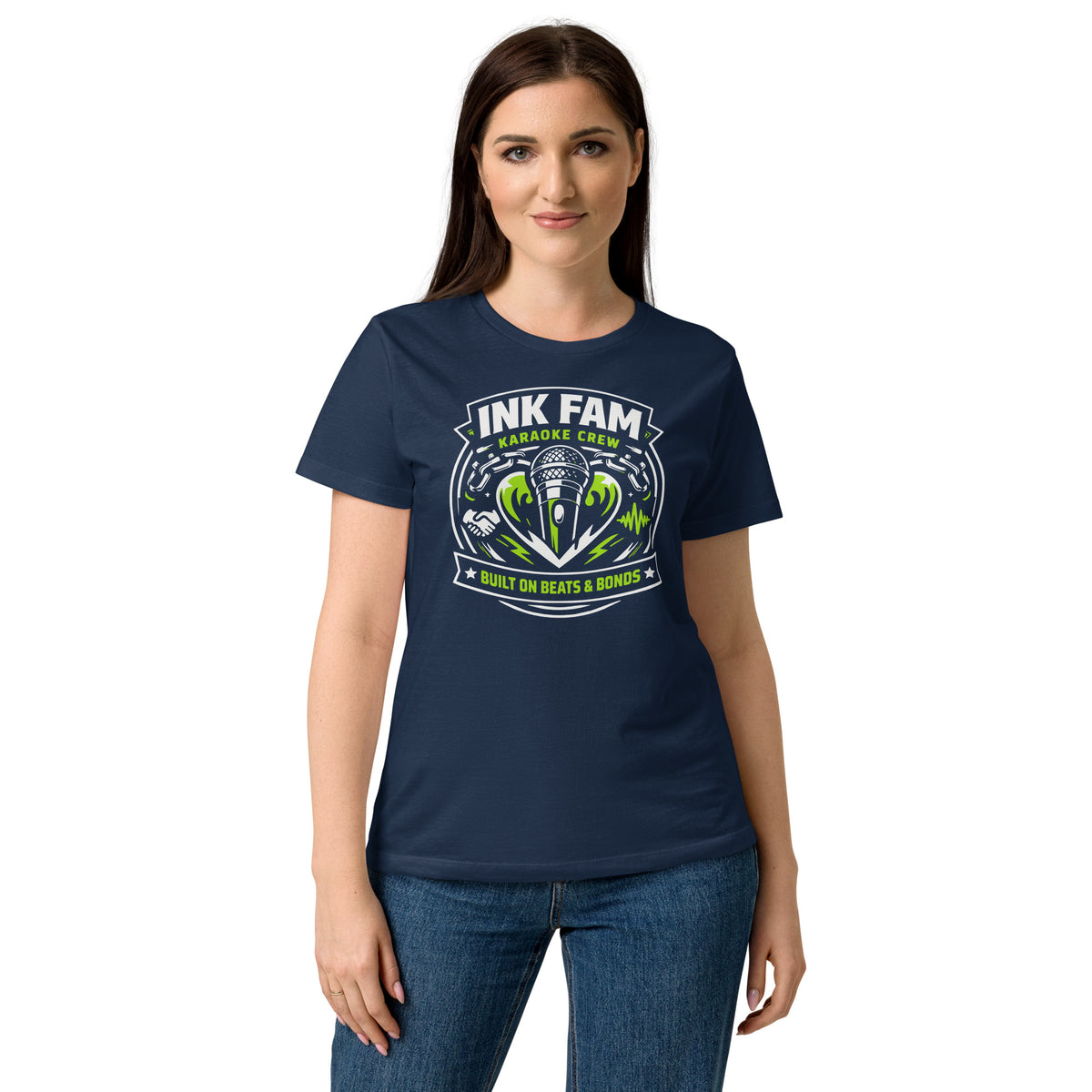 Navy women's T-shirt, front view, featuring DJ Ink Beats & Bonds shield with a microphone and green-and-white lettering.