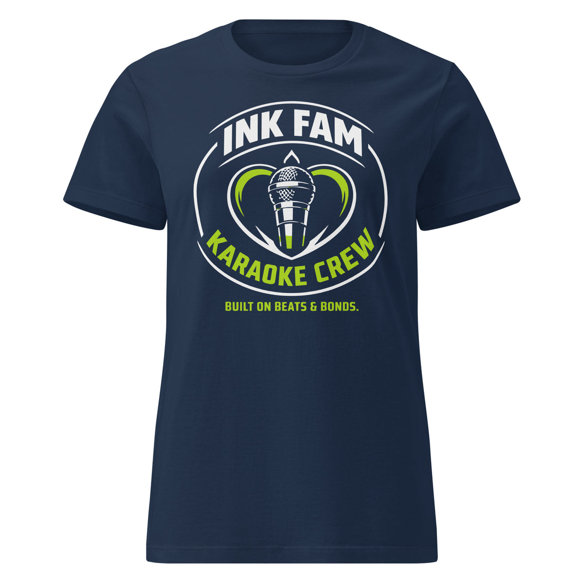 Navy women's T-shirt, front view, featuring DJ Ink Fam green-and-white circular microphone badge.