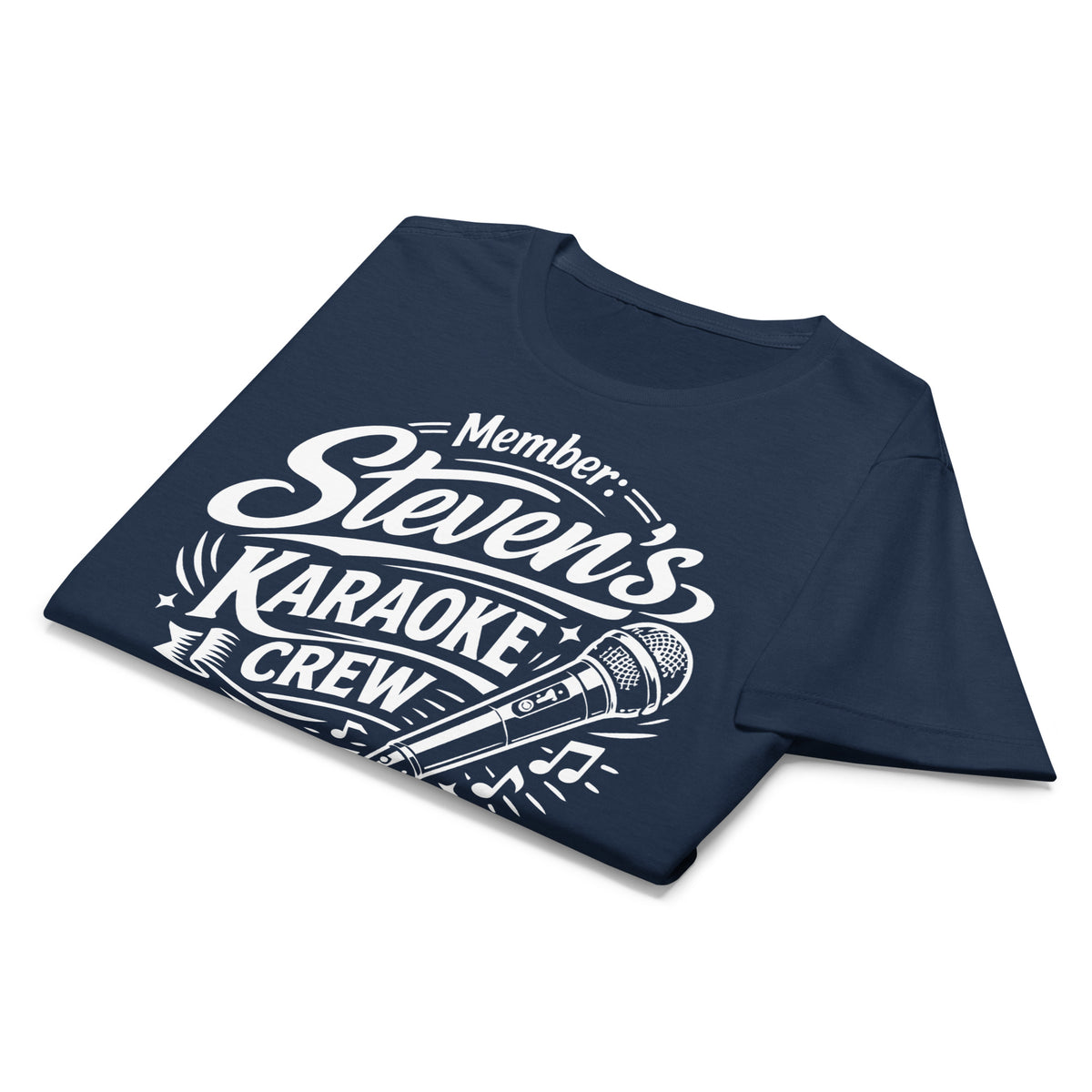 Navy women's T-shirt, front view, featuring Steven's Karaoke Crew lettering and microphone graphic.