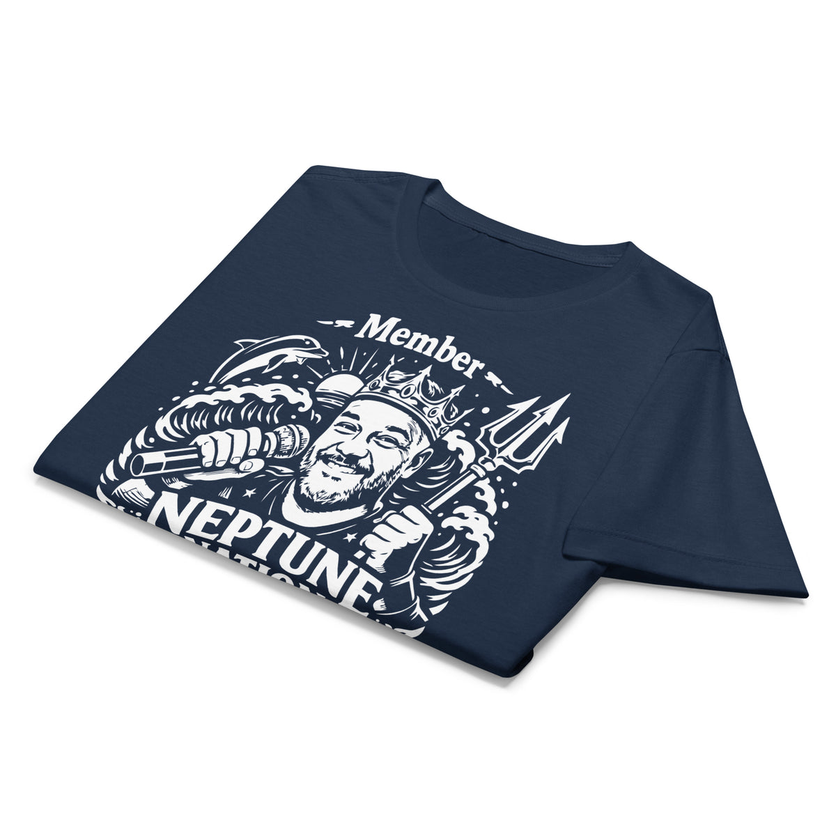 Navy women's T-shirt, front view, featuring KJ Neptune's Neptune Nation nautical microphone and trident badge.