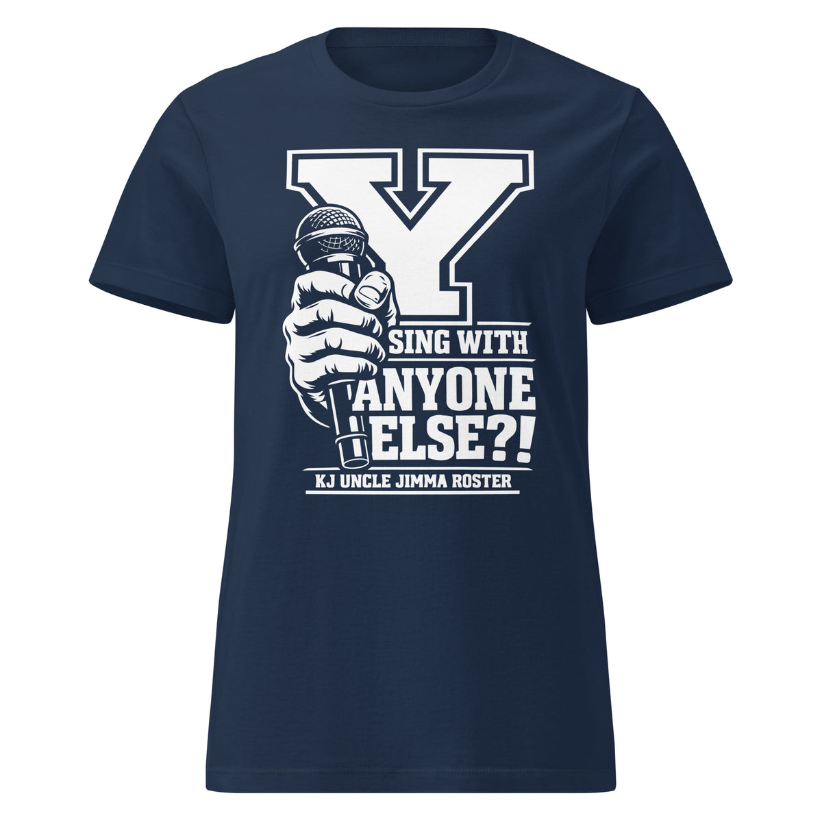 Navy women's T-shirt, front view, featuring Uncle Jimma Roster Anthem varsity Y with hand-held microphone.