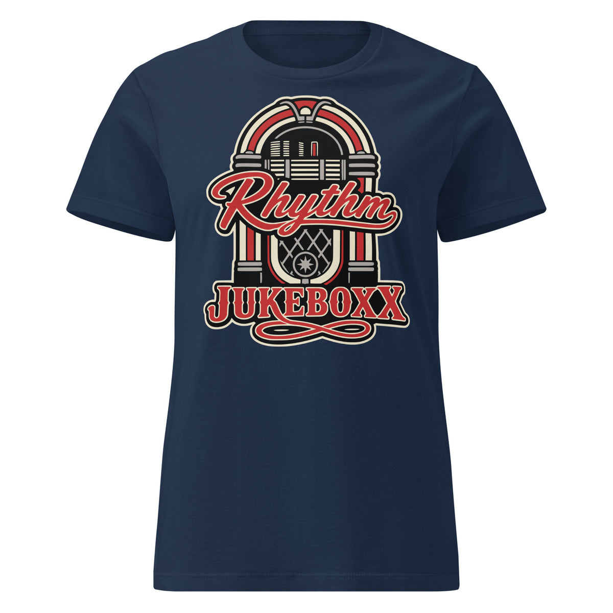 Navy women's T-shirt, front view, featuring Rhythm Jukeboxx red-and-cream retro jukebox graphic.