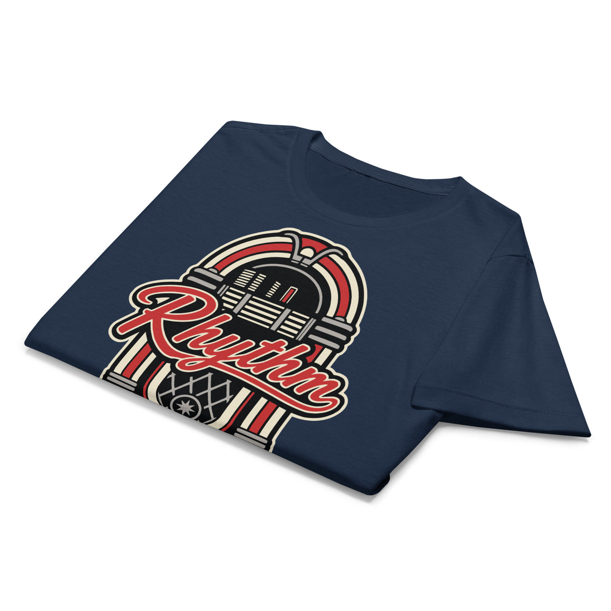 Navy women's T-shirt, front view, featuring Rhythm Jukeboxx red-and-cream retro jukebox graphic.