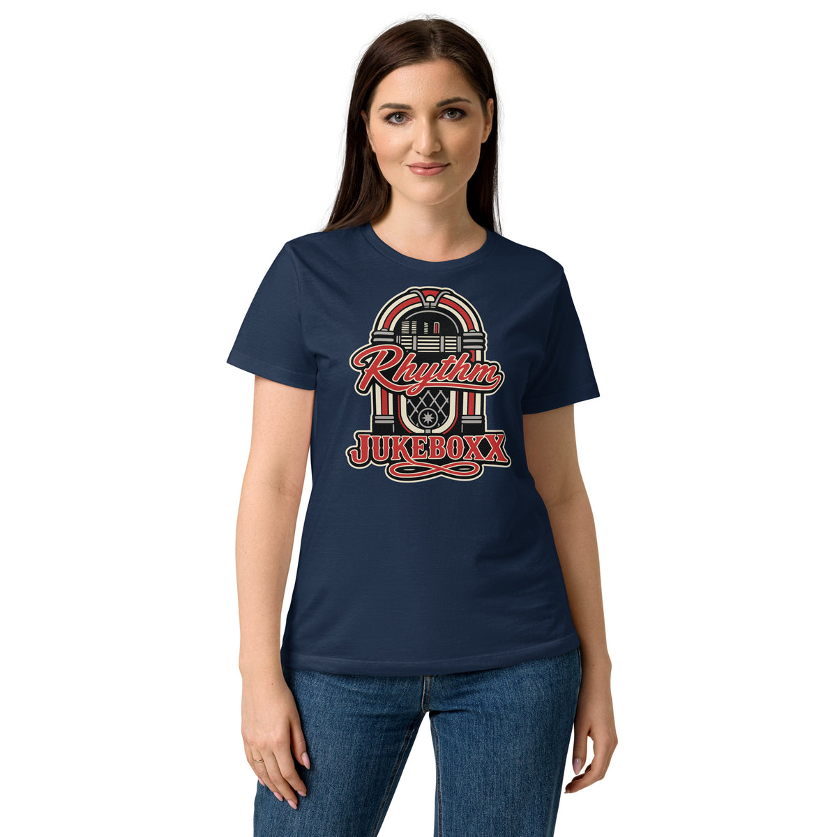 Navy women's T-shirt, front view, featuring Rhythm Jukeboxx red-and-cream retro jukebox graphic.