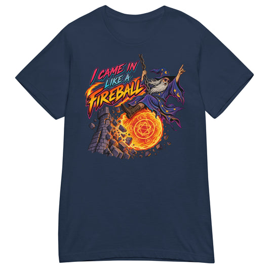 Navy women's T-shirt, front view, featuring the I Came In Like a Fireball wizard design