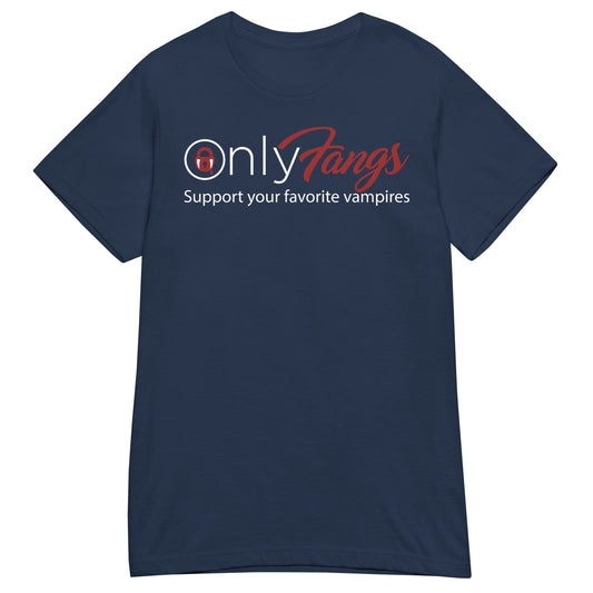 Navy women's T-shirt, front view, featuring the OnlyFangs vampire design